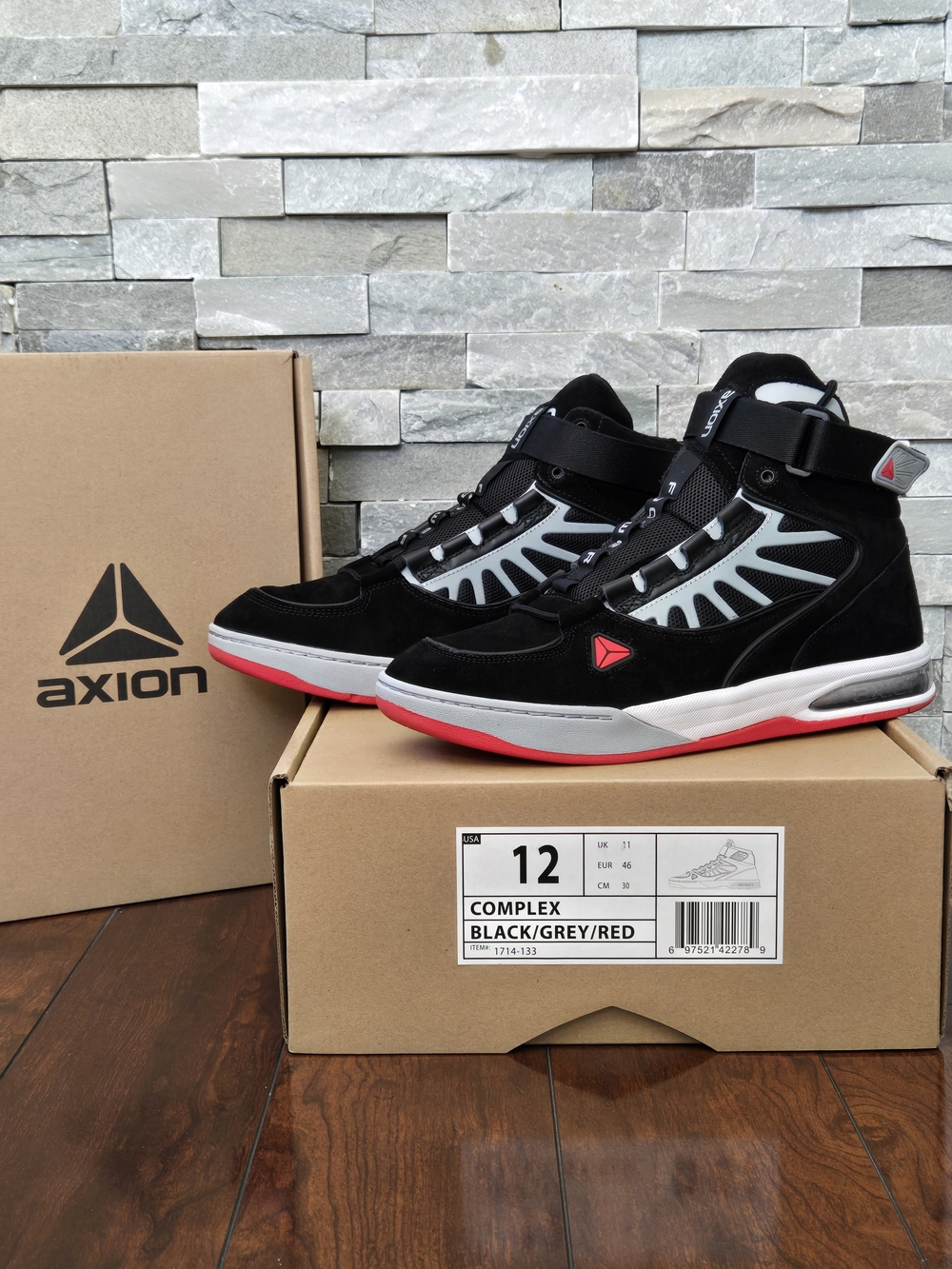 Axion Complex Men's High-Top Sneakers in Black/Grey/Red Size 12